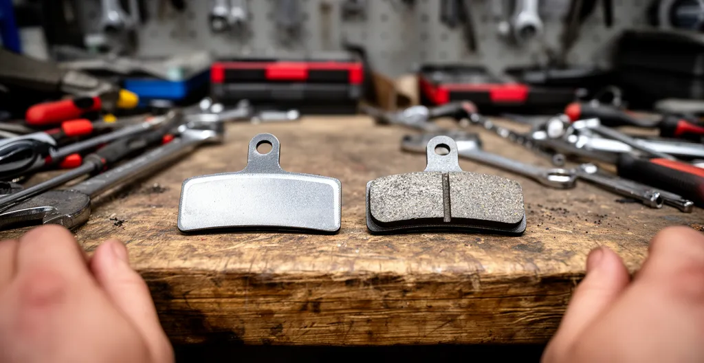 Deux plaquettes de frein à disque posées côte à côte sur établi montrant la différence d'usure