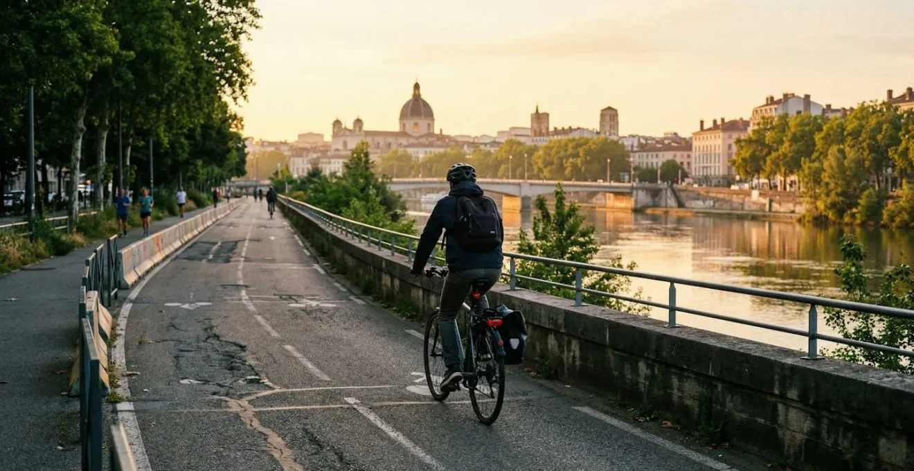 Un cycliste vu de dos pédale sur une piste cyclable le long des berges du Rhône à Lyon, la ville en arrière-plan dans la lumière matinale