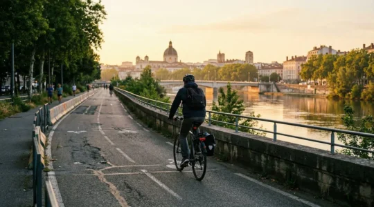 Un cycliste vu de dos pédale sur une piste cyclable le long des berges du Rhône à Lyon, la ville en arrière-plan dans la lumière matinale