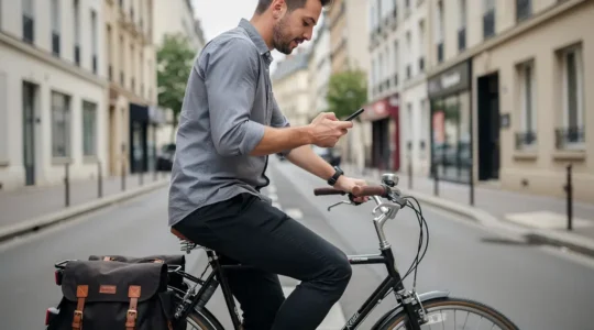 Cycliste européen consultant son smartphone devant vélo équipé de sacoches