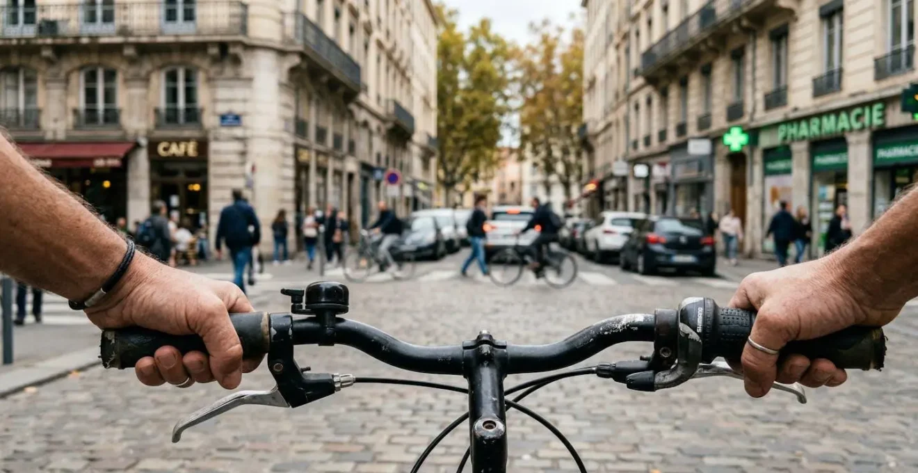 Gros plan sur des mains tenant un guidon de vélo de ville, une rue floue en arrière-plan