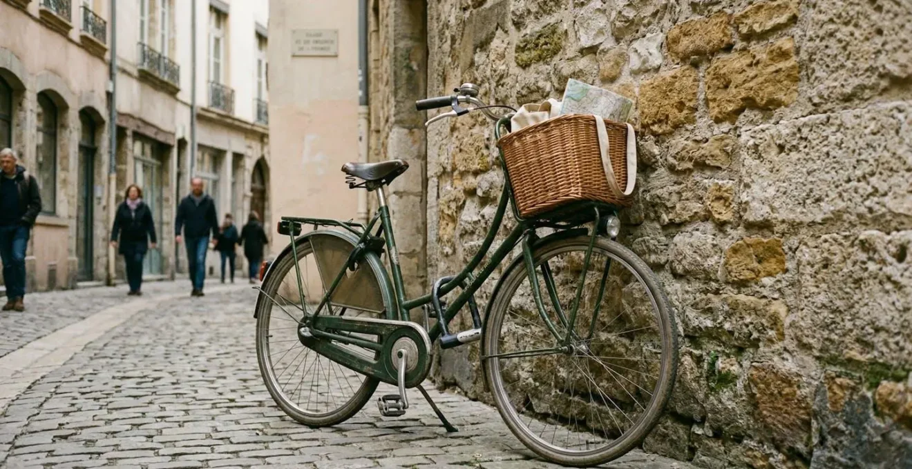 Un vélo hollandais avec panier avant stationné contre un vieux mur en pierre, cadenas visible sur le cadre